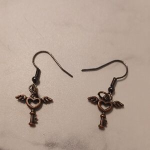 4/$60 New Bronze Heart Key With Wings Pair of Earrings - Hand-Made (Assembled)